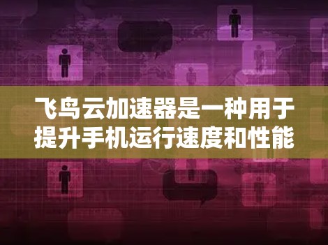 飞鸟云加速器是一种用于提升手机运行速度和性能的工具，特别是针对移动端应用。它通过优化应用运行时的性能，提升应用的运行速度和效率，从而减少应用的延迟和资源占用